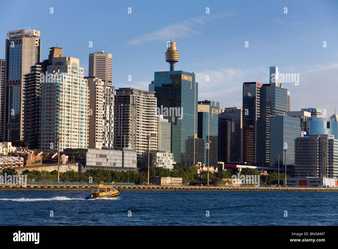 Highrise edifici e blocchi di appartamenti in Darling Harbour con lo skyline della città. Sydney, Nuovo Galles del Sud, Australia Foto Stock