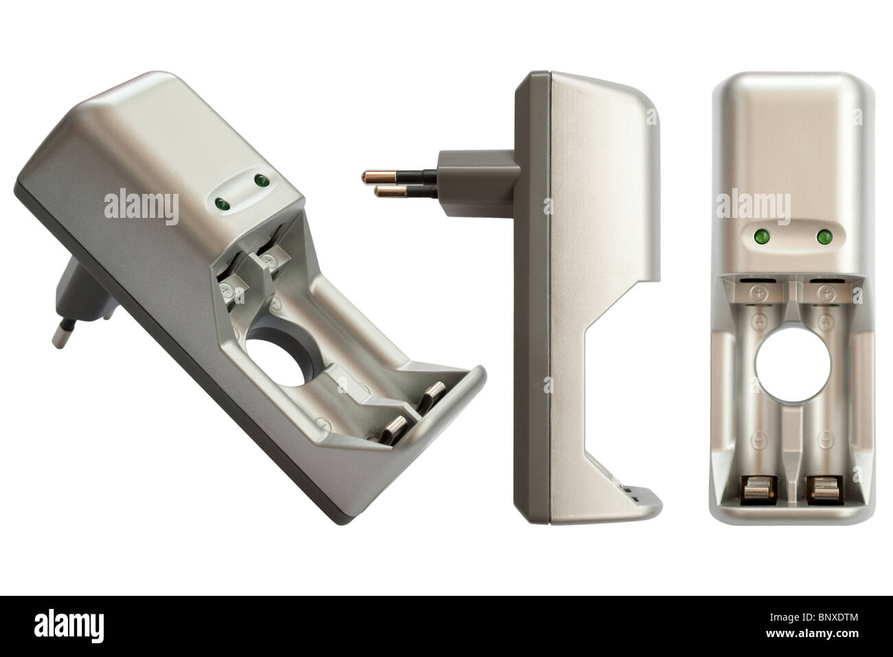 Tre vista di accumulatore battery charger isolato su uno sfondo bianco Foto Stock