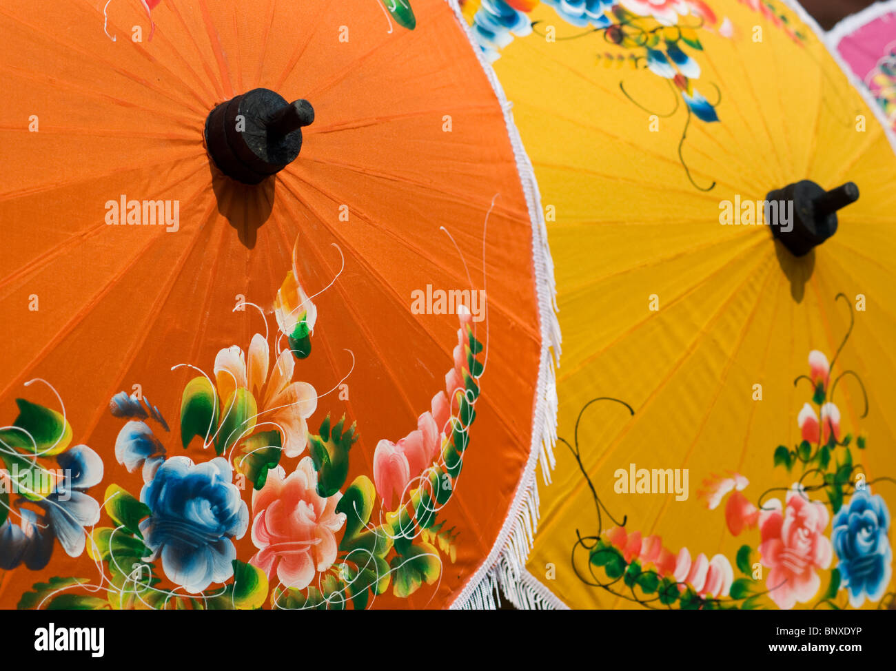 Dipinto a mano gli ombrelli di cotone con motivi floreali ad un festival di artigianato in Bo Sang, Chiang Mai, Thailandia Foto Stock