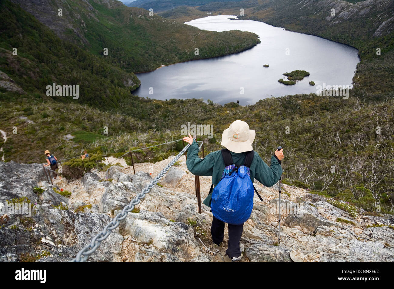 Un escursionista discende da Cradle Mountain a Lake Colomba. Cradle Mountain-Lake St Clair National Park, la Tasmania, Australia Foto Stock