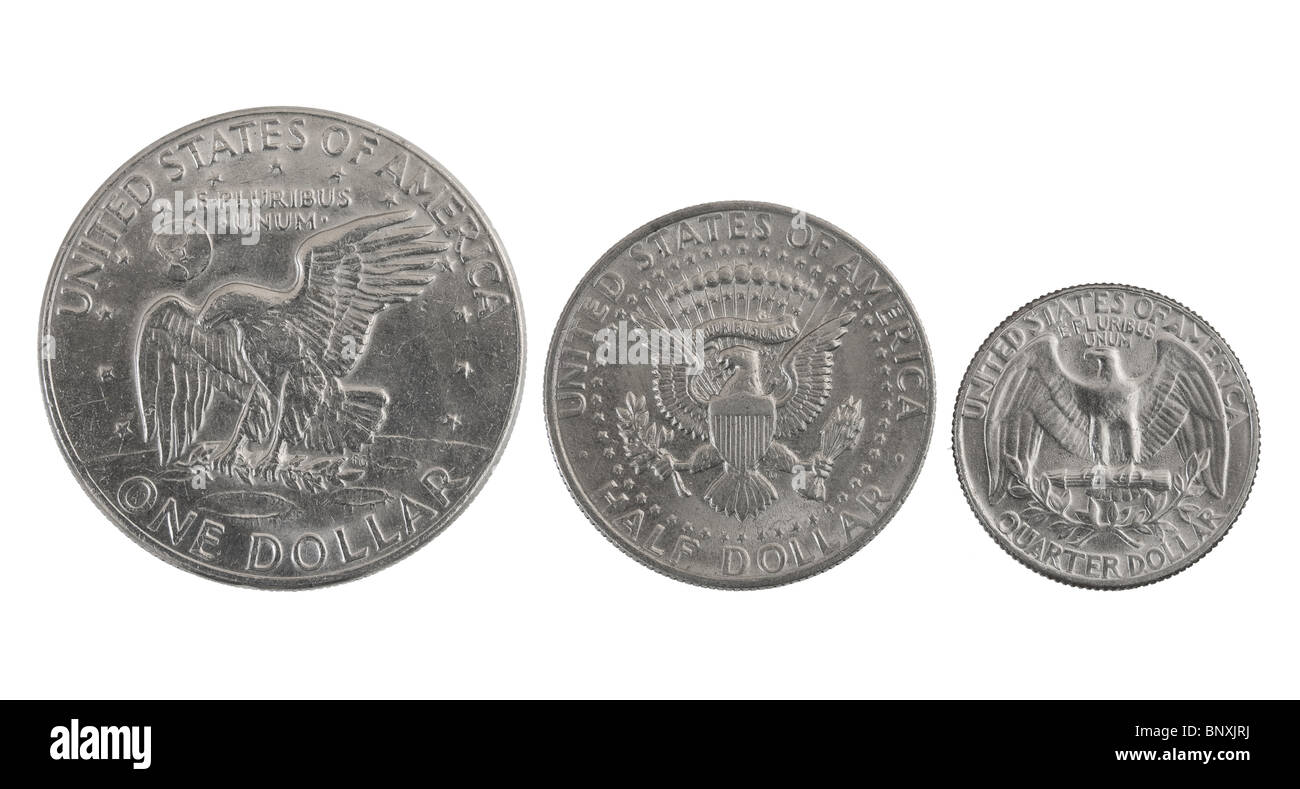 Il vecchio USA monete d'argento con aquile: uno, la metà e un quarto di dollaro Foto Stock