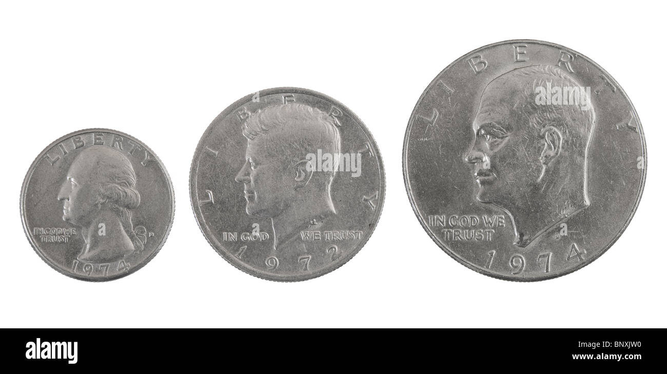 Tre argento vecchio USA monete: uno, la metà e un quarto di dollaro Foto Stock