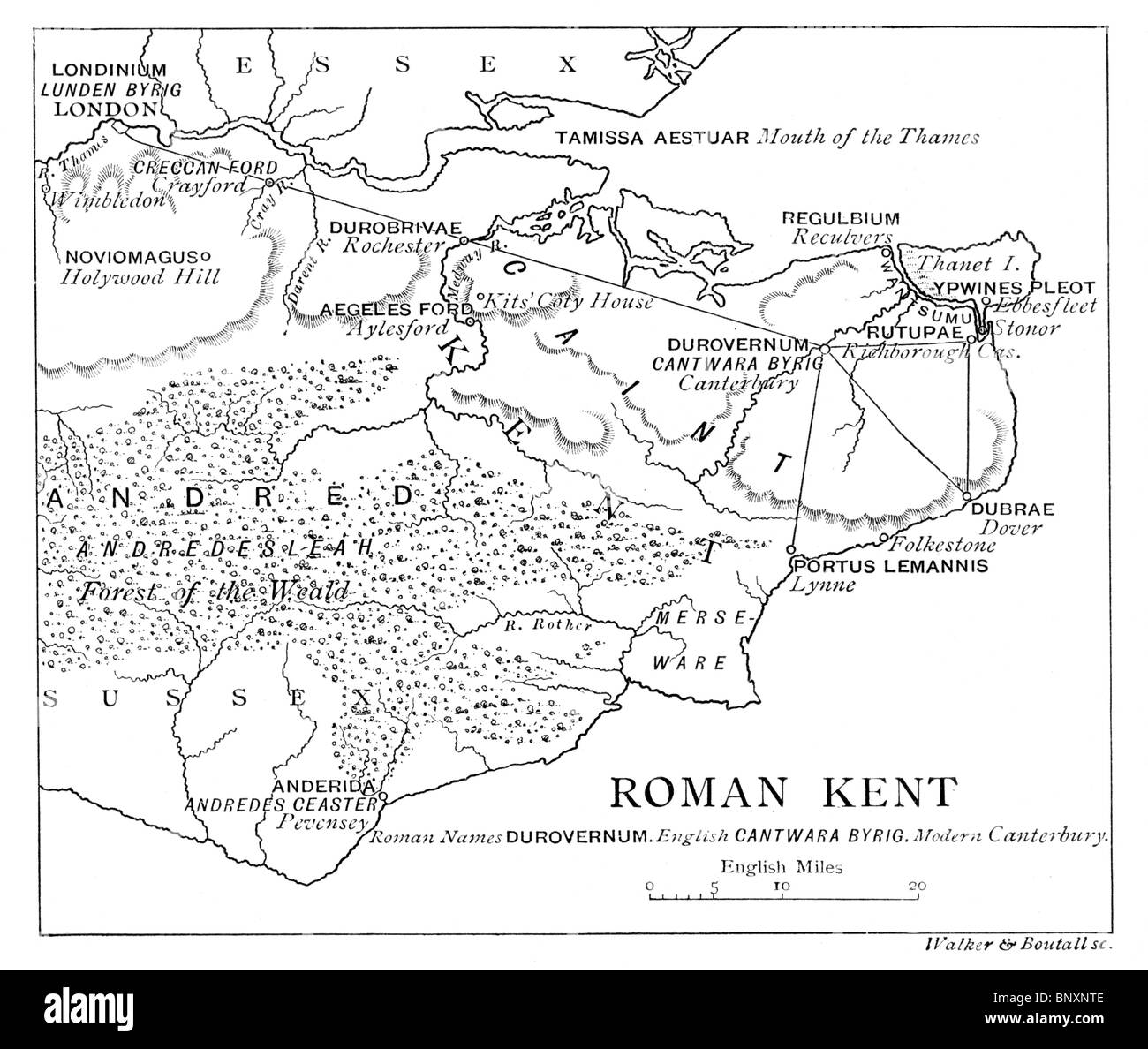 Mappa Romano di Kent; Bianco e Nero illustrazione Foto Stock