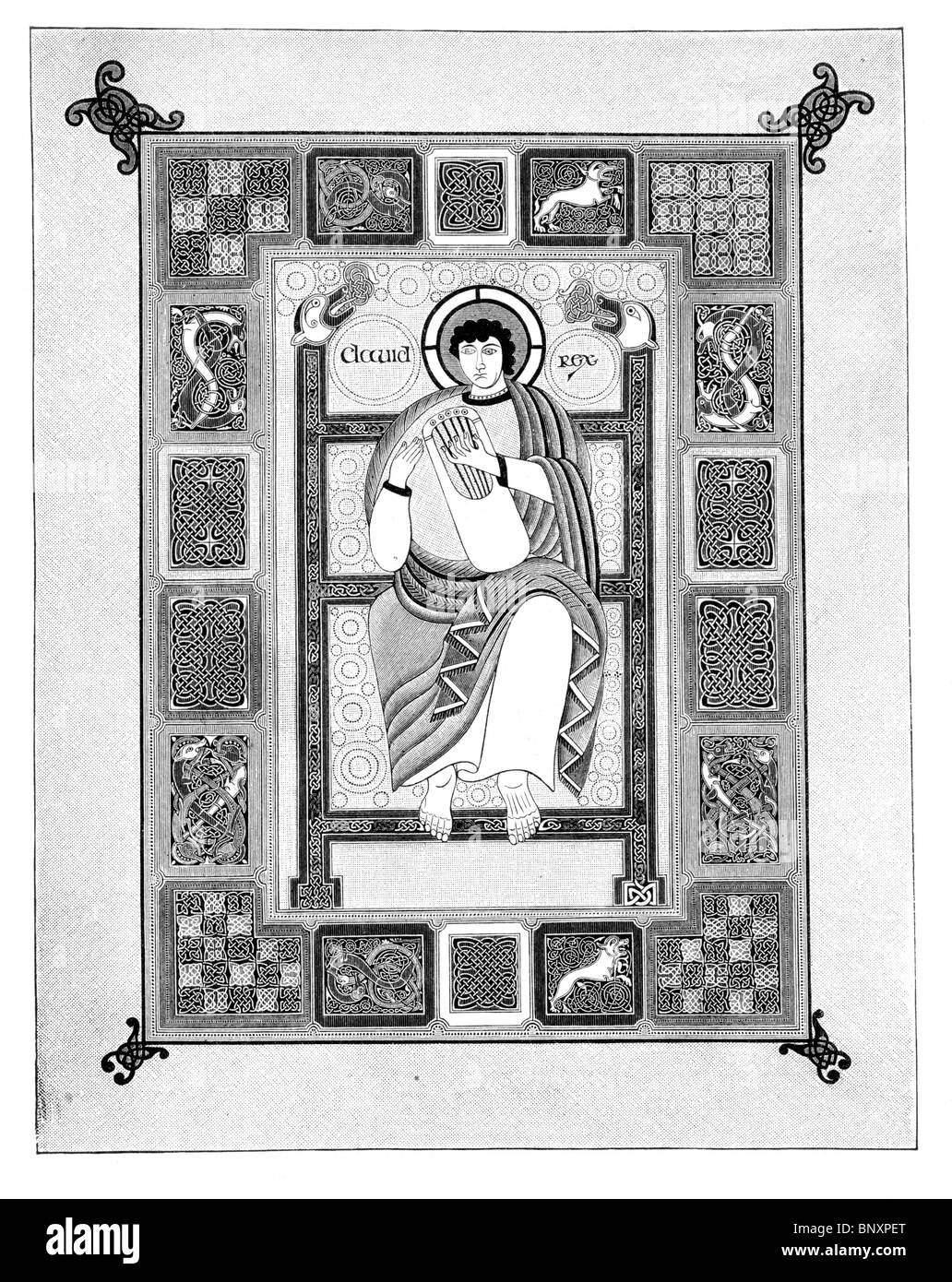 Bianco e Nero illustrazione di un manoscritto illuminato ascritto a Baeda raffigurante il re Davide come salmista Foto Stock