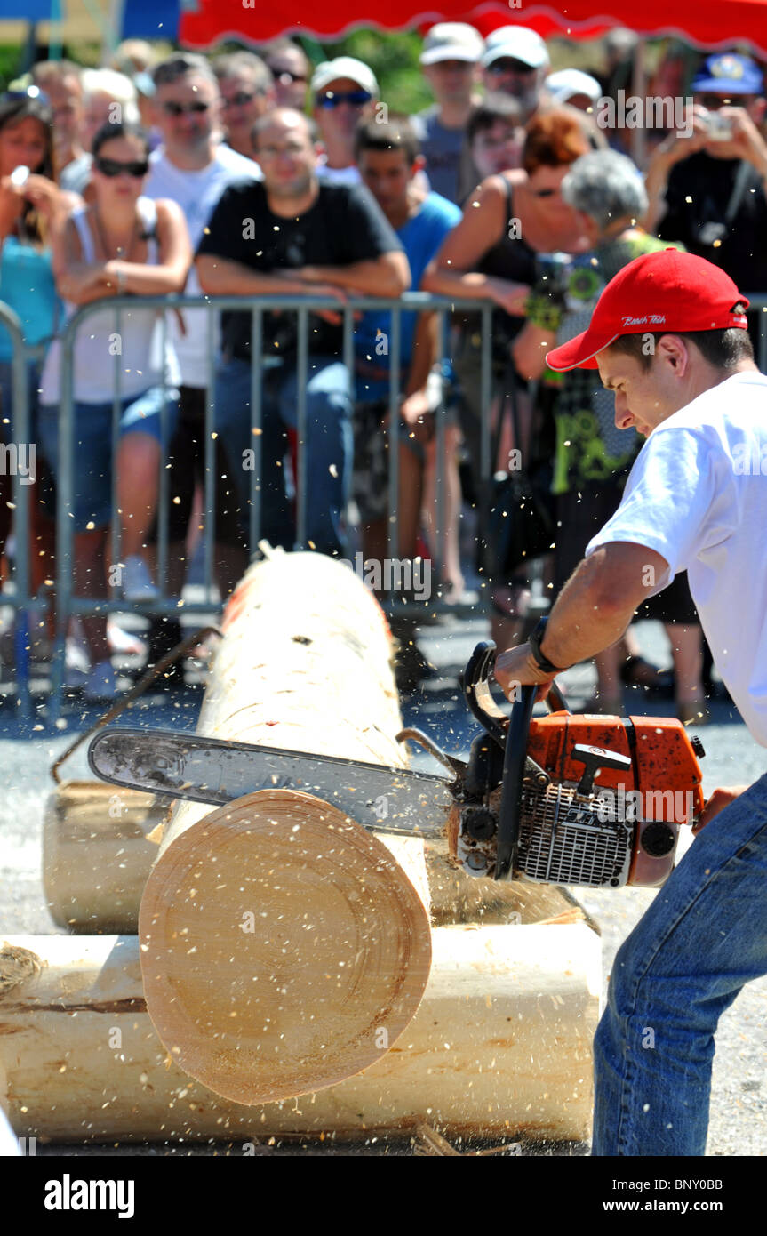 Taglio del legno concorrenza, uomini competere il taglio di logs con motoseghe durante una competizione in Bernex, Francia Foto Stock