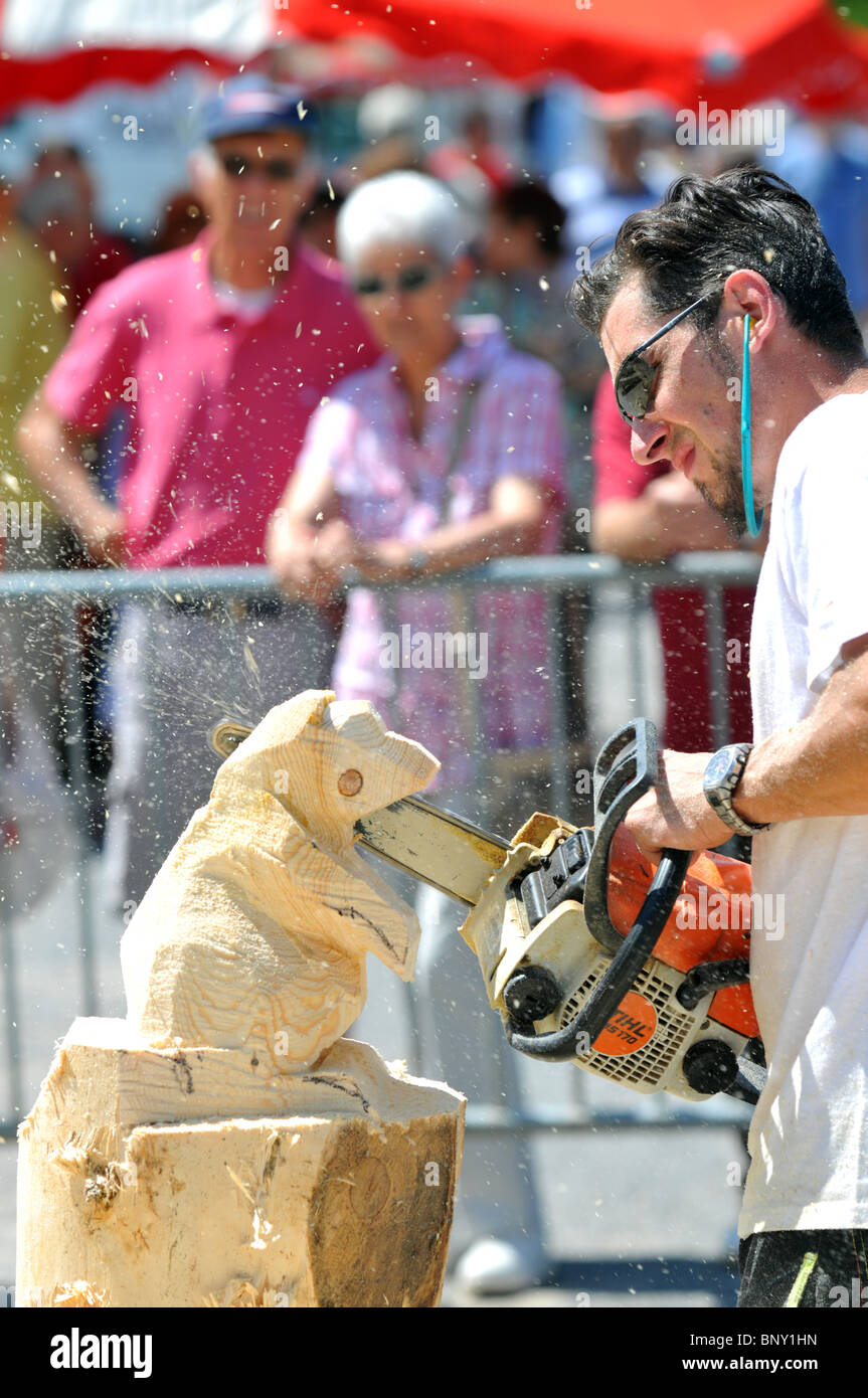 Dimostrazione della scultura in legno con un chainsaw, uomo scolpisce un animale figura dal legno con una sega a nastro Foto Stock