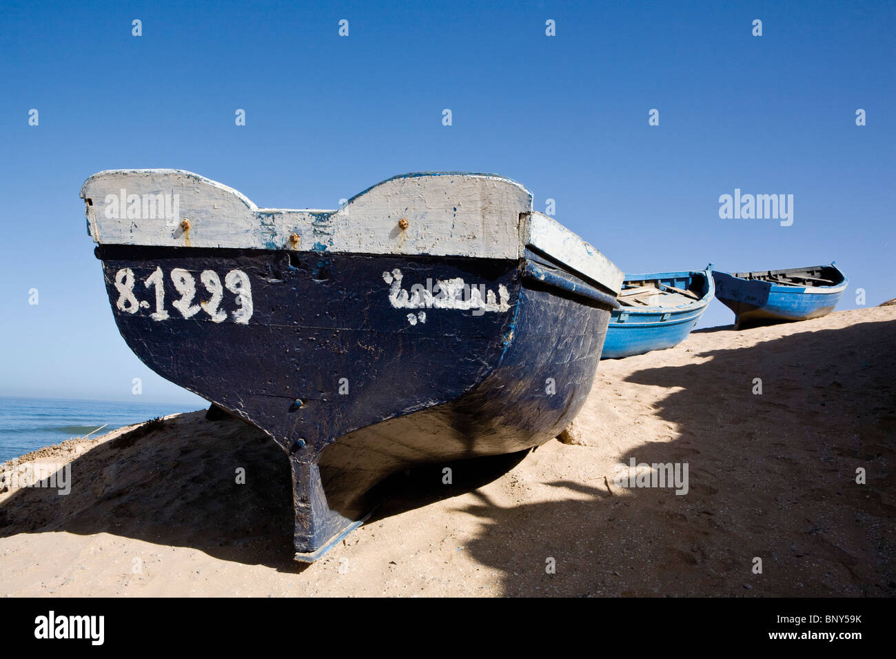 Barche di pescatori sulla spiaggia, Sous-Massa National Park, Marocco Foto Stock