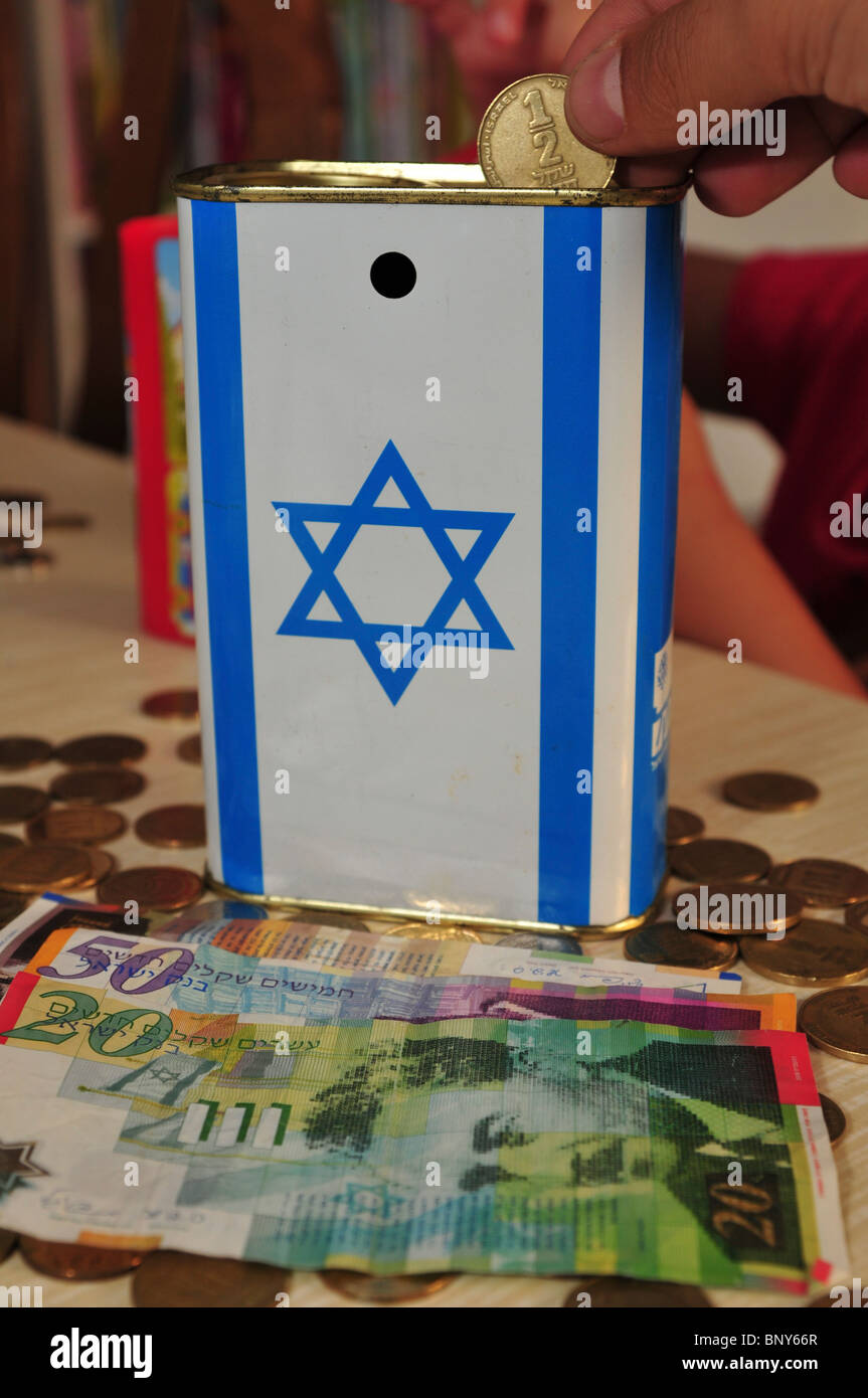 La donazione di denaro in un ebreo del fondo nazionale (Keren Kayemet LeYisrael JNF o KKL) cassetta di raccolta Foto Stock