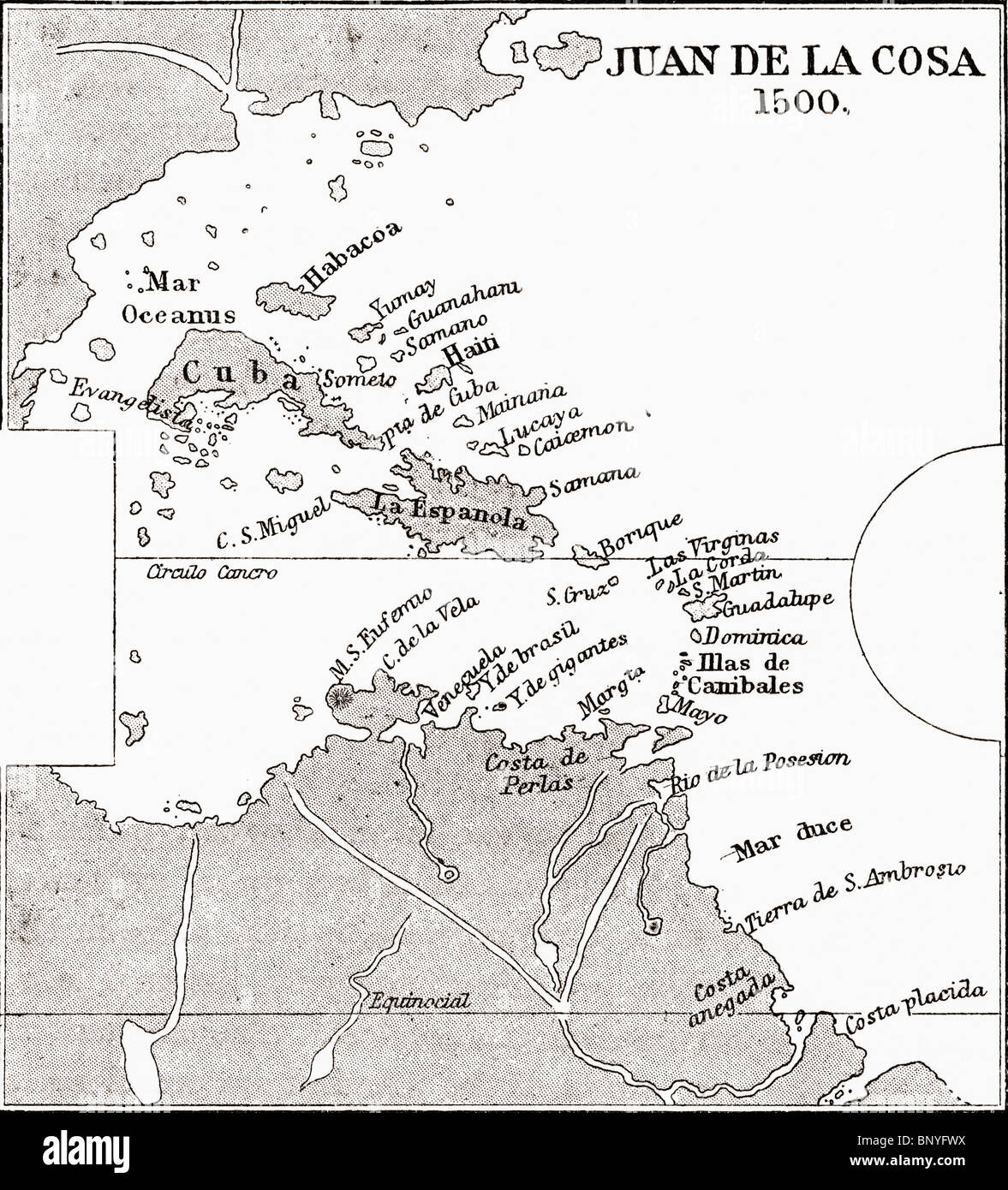 La parte occidentale della mappa di Juan de la cosa da 1500 Juan de la cosa ha navigato con Christopher Columbus sui suoi primi tre viaggi Foto Stock La parte occidentale della mappa di Juan de la cosa da 1500 Juan de la cosa ha navigato con Christopher Columbus sui suoi primi tre viaggi Foto Stock