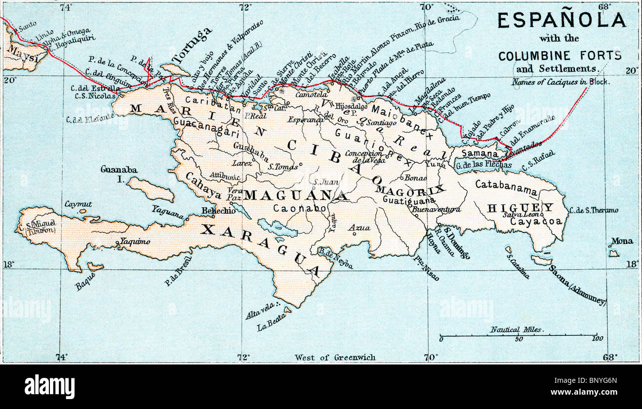 Mappa di Española con il Columbine fortezze e insediamenti. Foto Stock