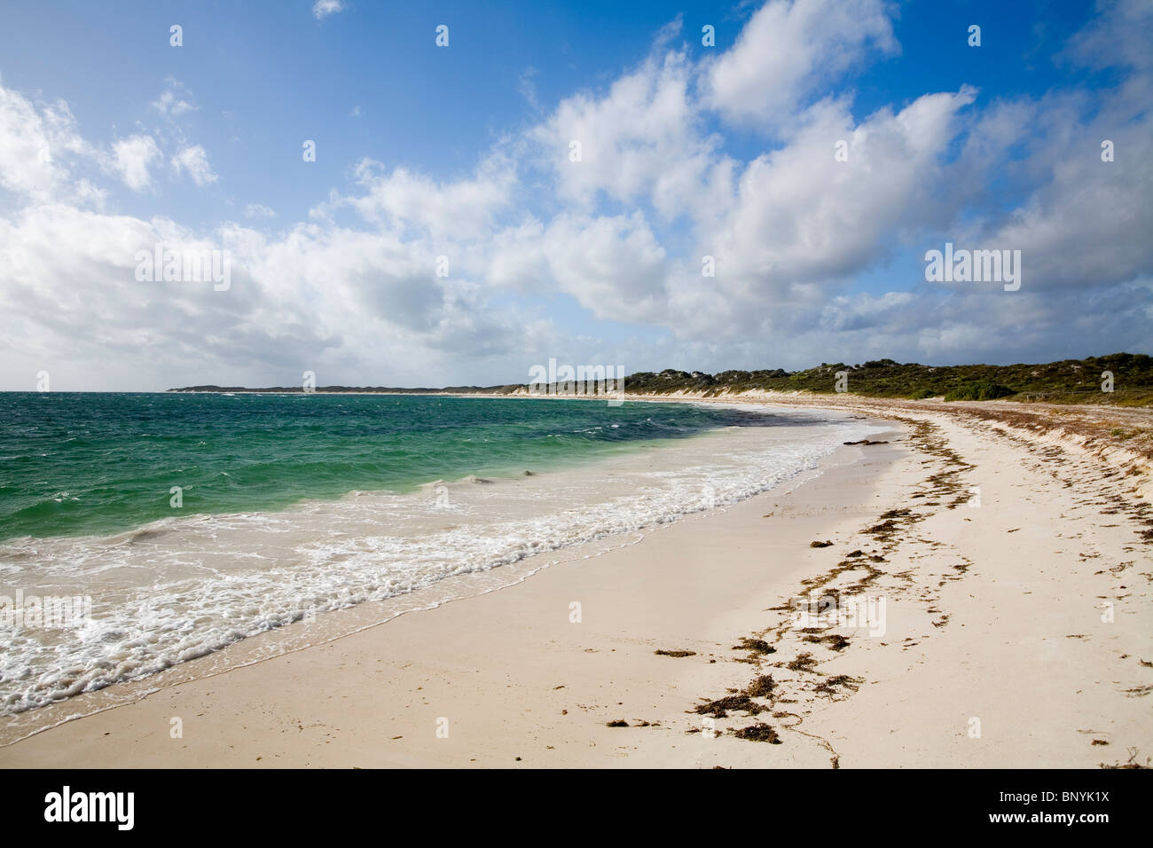 Spiaggia di sabbia bianca sulla baia di sbornia nel Nambung National Park nei pressi di Cervantes, Australia occidentale, Australia. Foto Stock