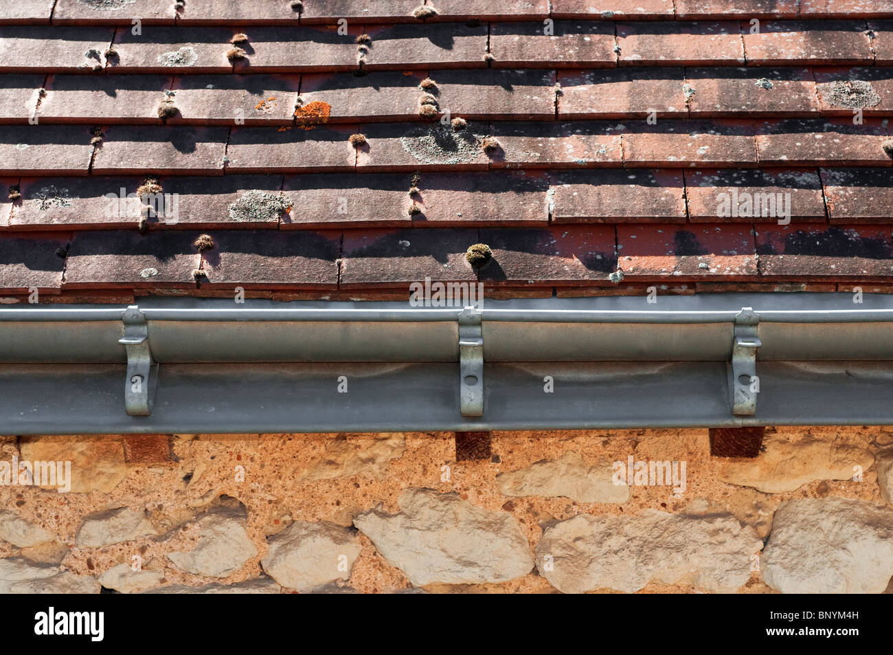 In metallo zincato a caldo delle acque piovane e di gronda tradizionale argilla rossa piastrellato sul tetto della casa - Francia. Foto Stock