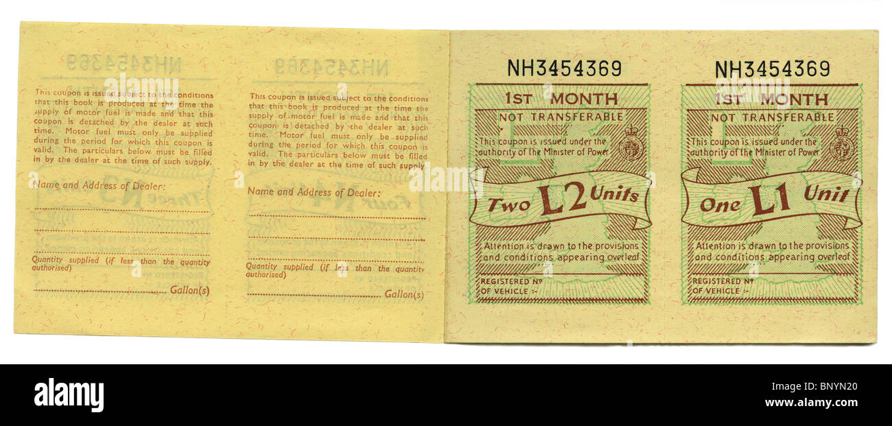 Regno Unito razione benzina coupon book, 1973 Foto Stock