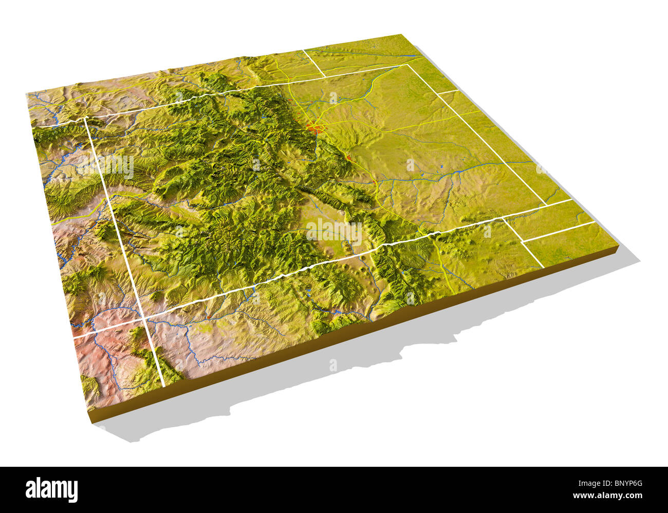 Colorado, 3D rilievo mappa con le zone urbane, autostrade interstatali e frontiere. Foto Stock