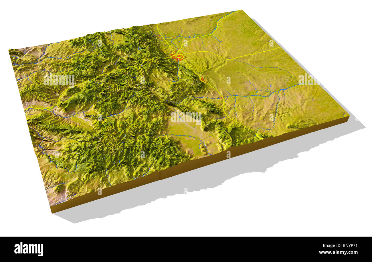 Colorado, 3D rilievo mappa cut-out con le aree urbane e le autostrade interstatali. Foto Stock