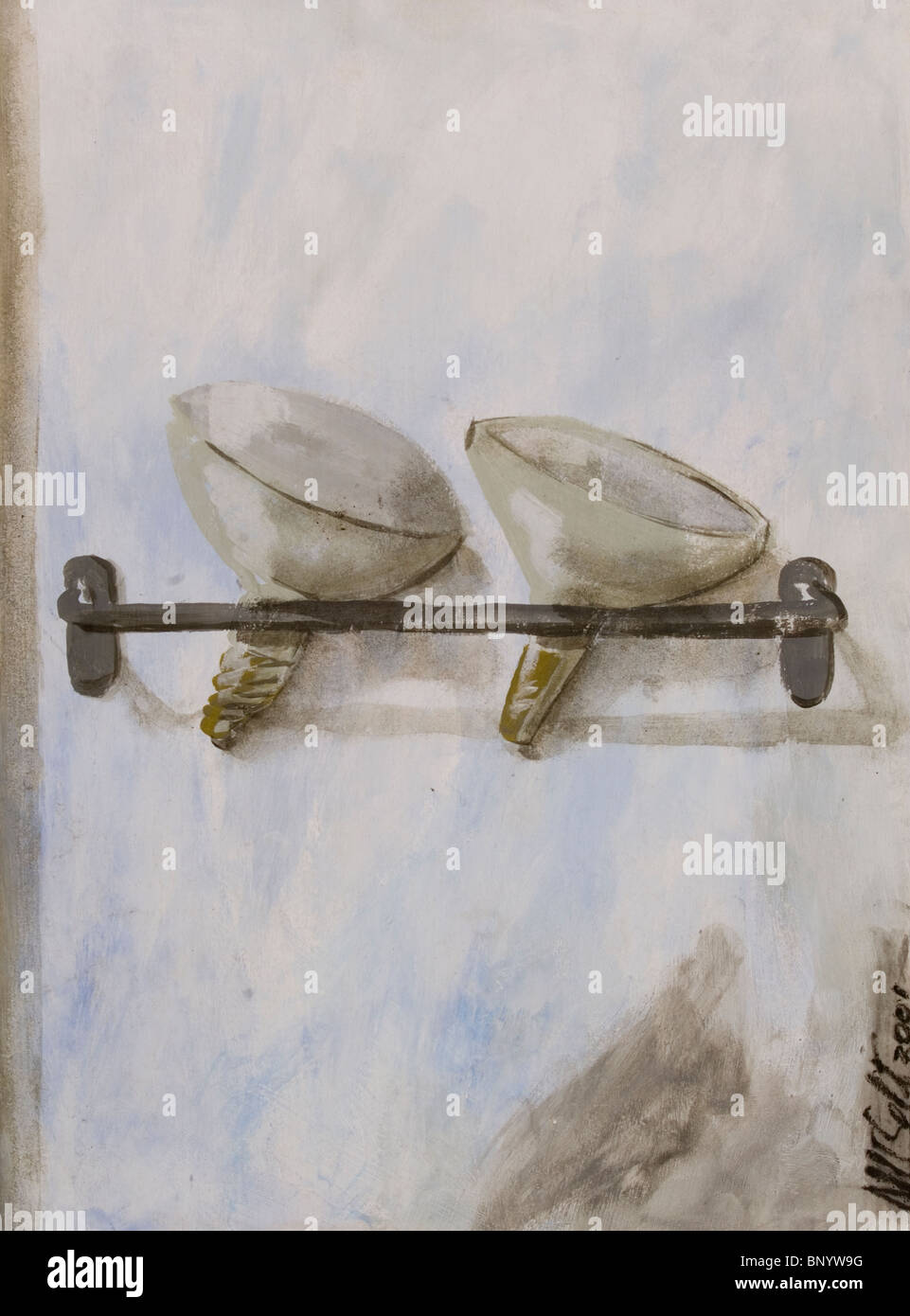 Dipinto a mano raffigurante una lampadina e di un imbuto sia arroccato su una barra di ferro. È intitolato "L'amore in un clima freddo" Foto Stock