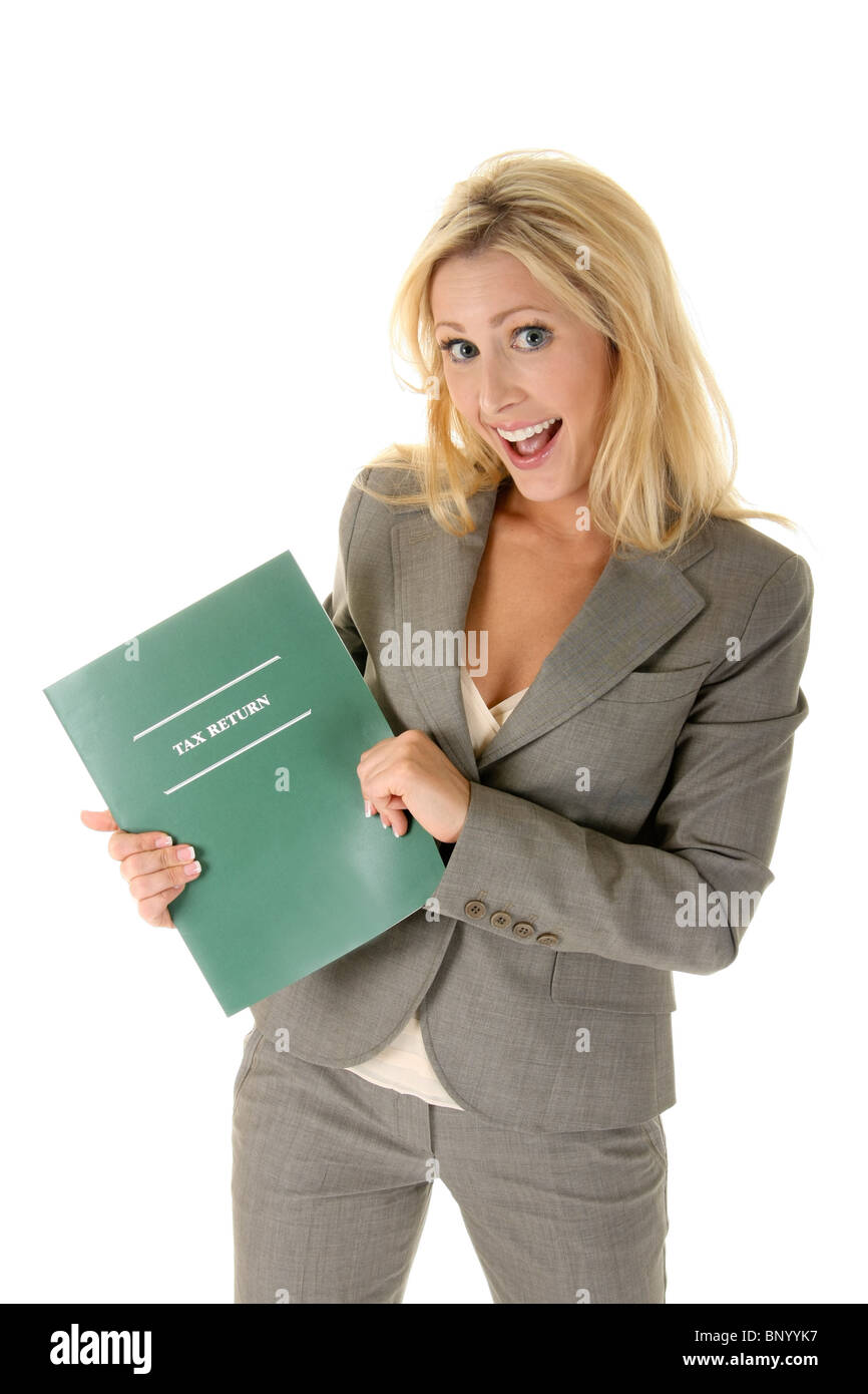 Bella bionda business donna felice ed entusiasta di ottenere un rimborso delle tasse! (O di qualsiasi altro testo che si potrebbe voler aggiungere) Foto Stock