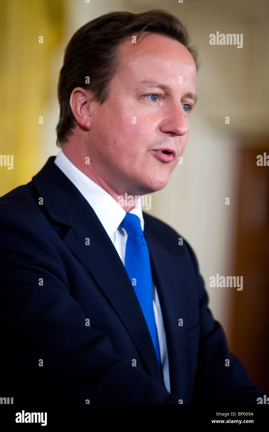 Primo Ministro britannico David Cameron partecipa a una conferenza stampa congiunta alla Casa Bianca. Foto Stock