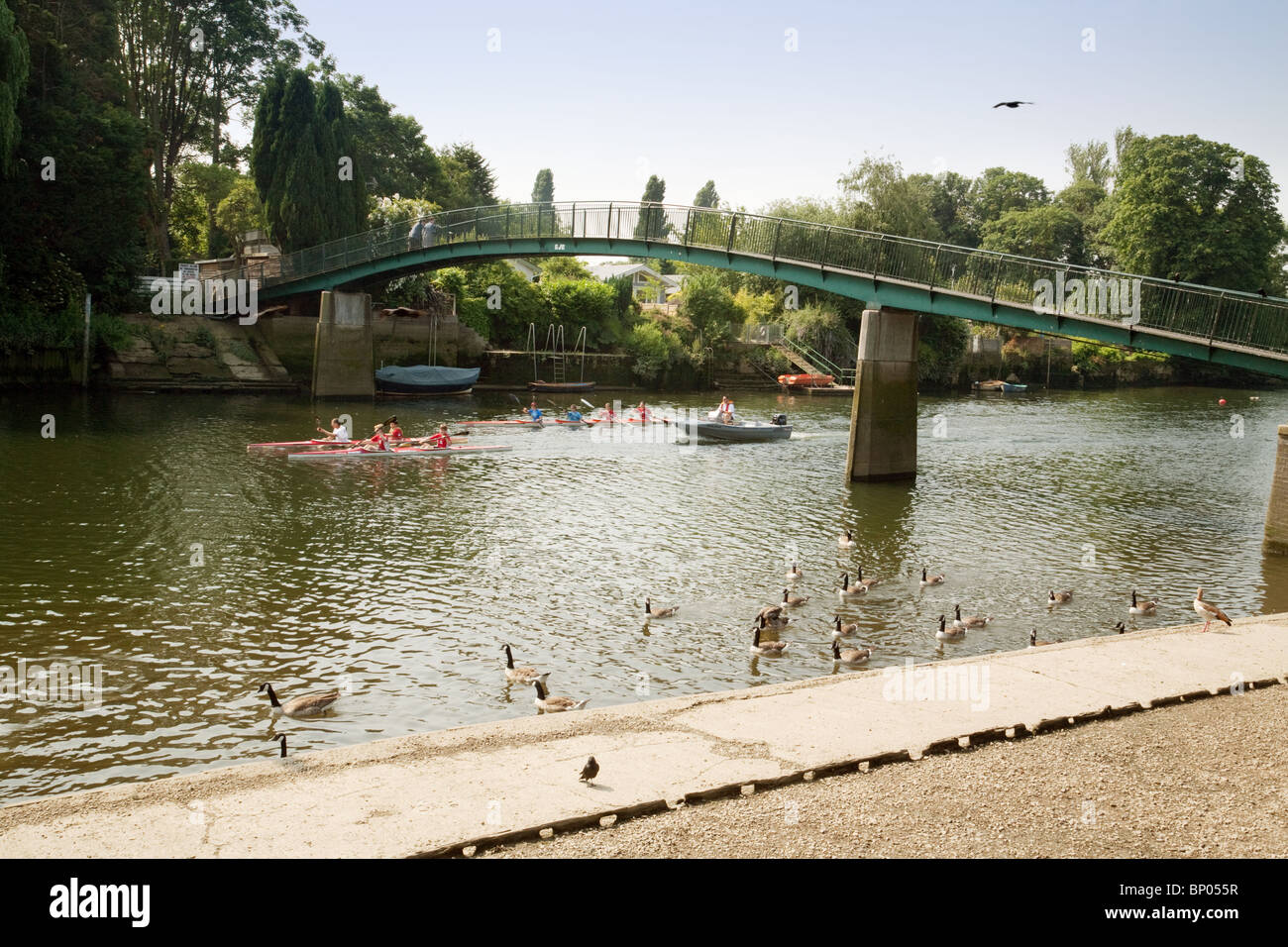 Il fiume il Tamigi a Twickenham, Richmond, con il ponte di Anguilla isola a torta, Twickenham, London, Regno Unito Foto Stock