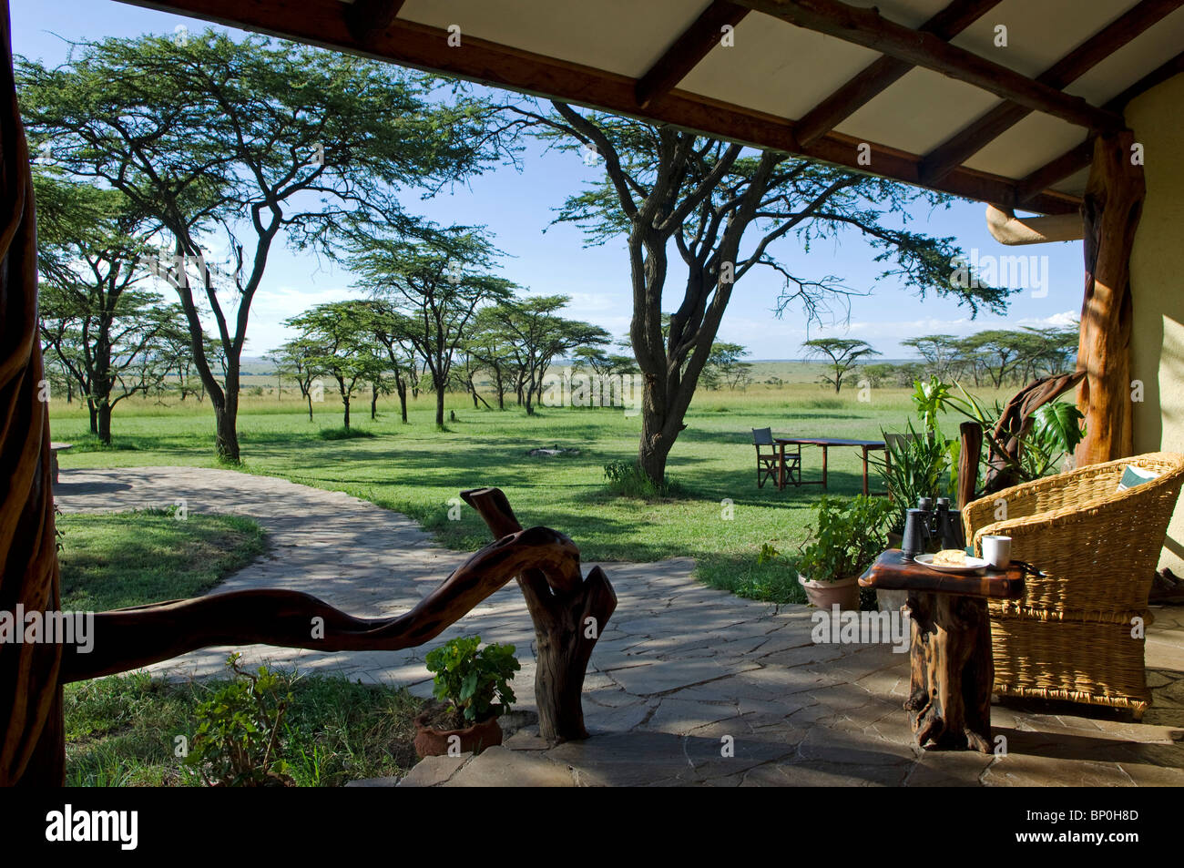 Kenia Masai Mara. La vista dalla veranda della casa di topi, un safari camp nella zona di Olare Orok Conservancy. Foto Stock