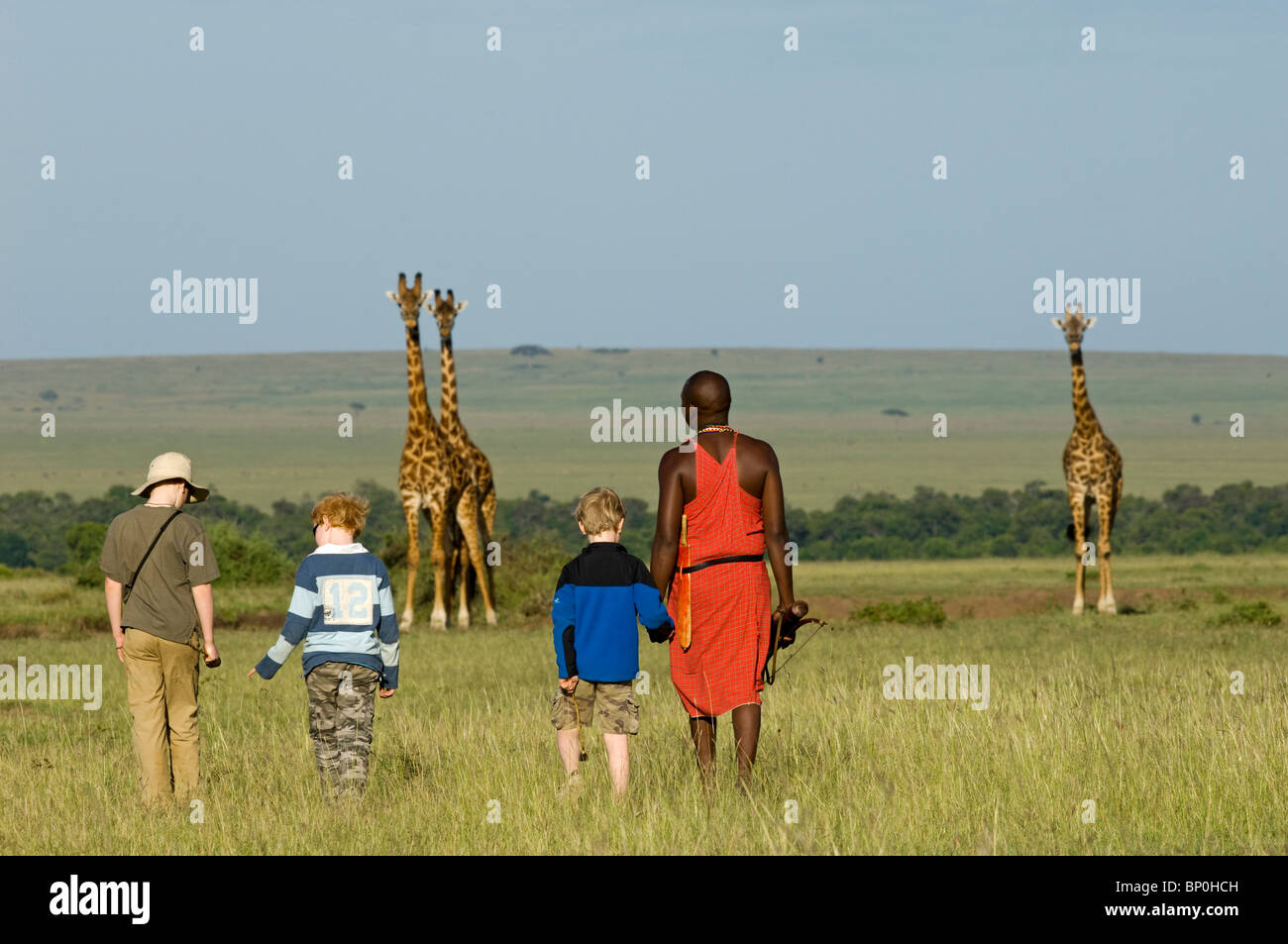 Kenia Masai Mara. Guida Safari, Salaash Morompi Ole, conduce i ragazzi su un gioco a piedi verso alcune giraffe Masai. (MR) Foto Stock