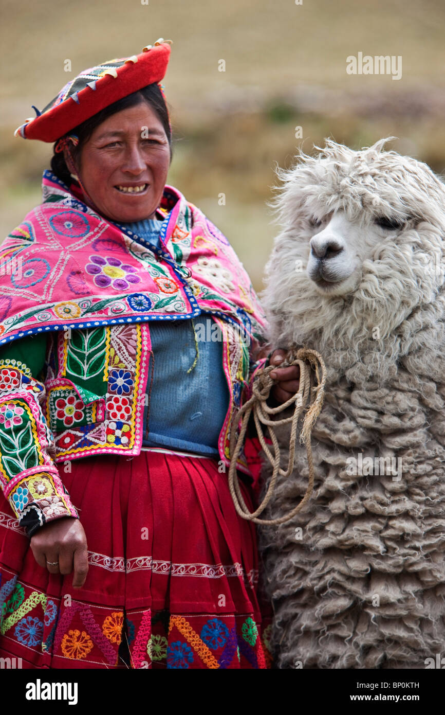 Il Perù, una femmina con un alpaca a Abra La Raya, il punto più alto (4318m) sulla "Esplora andina' Express train (Cusco-Puno) Foto Stock