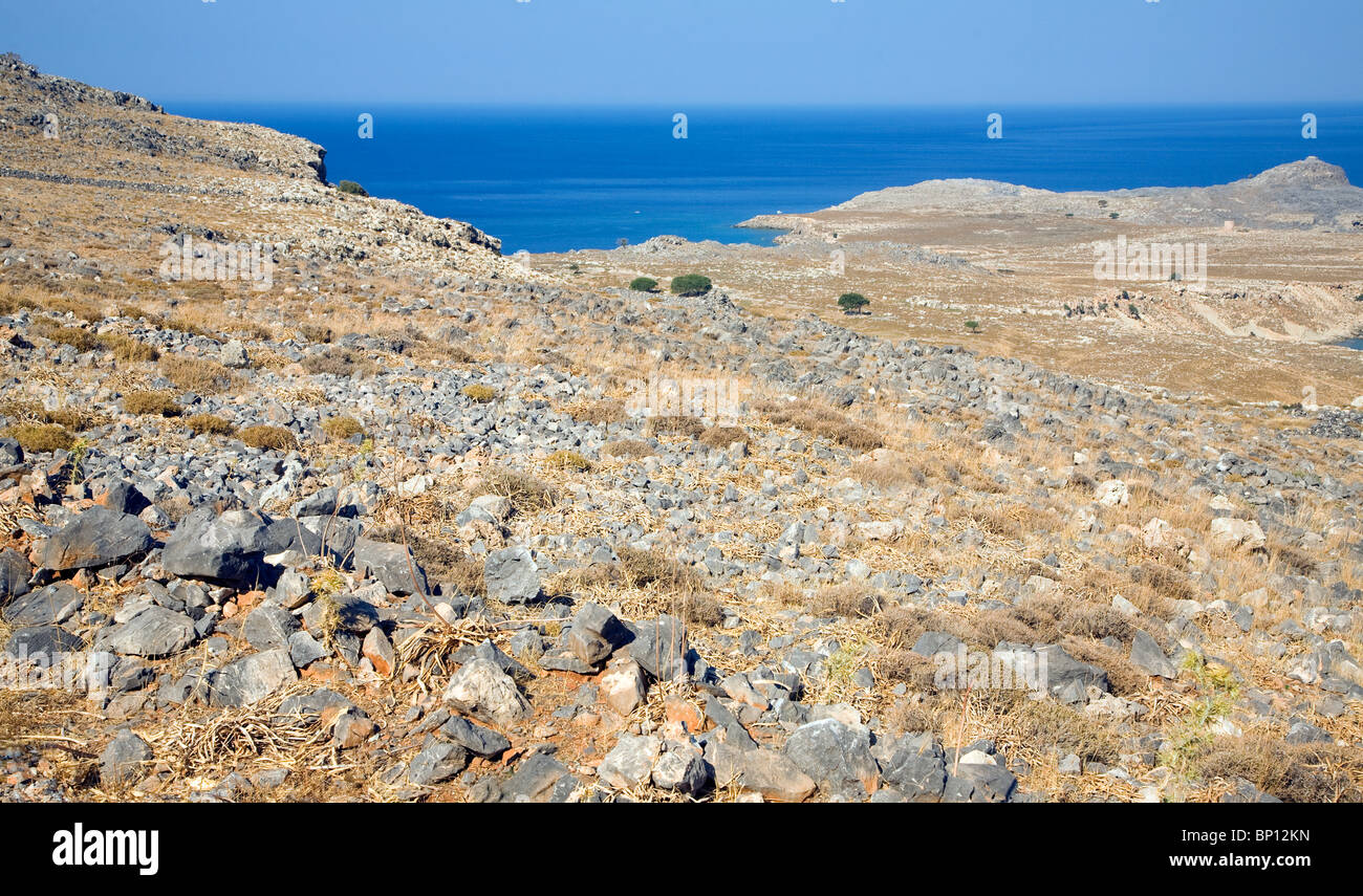 Brown brulle colline calcaree siccità estiva, Rodi, Grecia nei pressi di Lindos Foto Stock