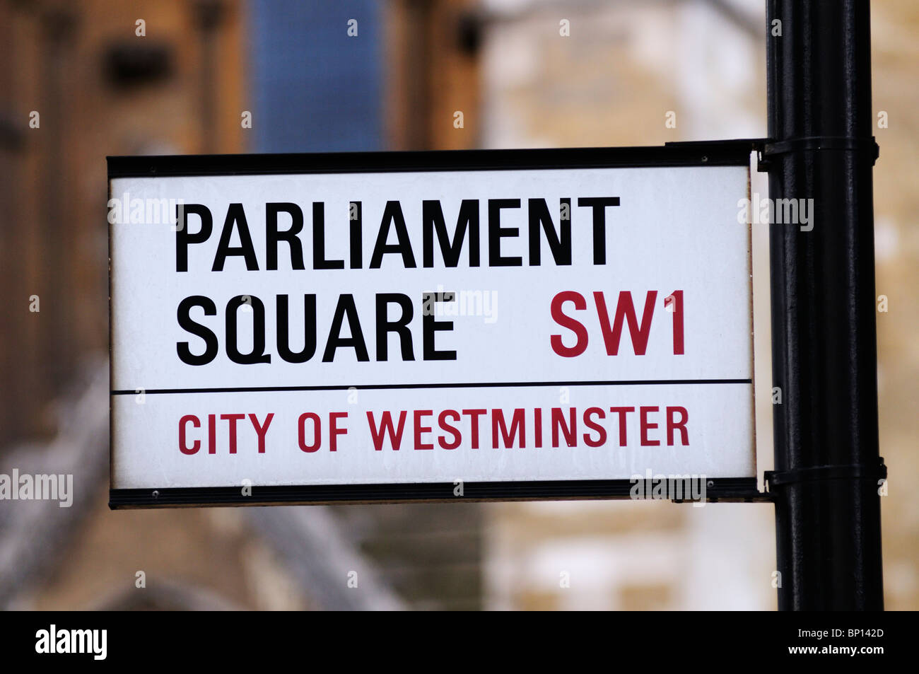 La piazza del Parlamento strada segno, London, England, Regno Unito Foto Stock