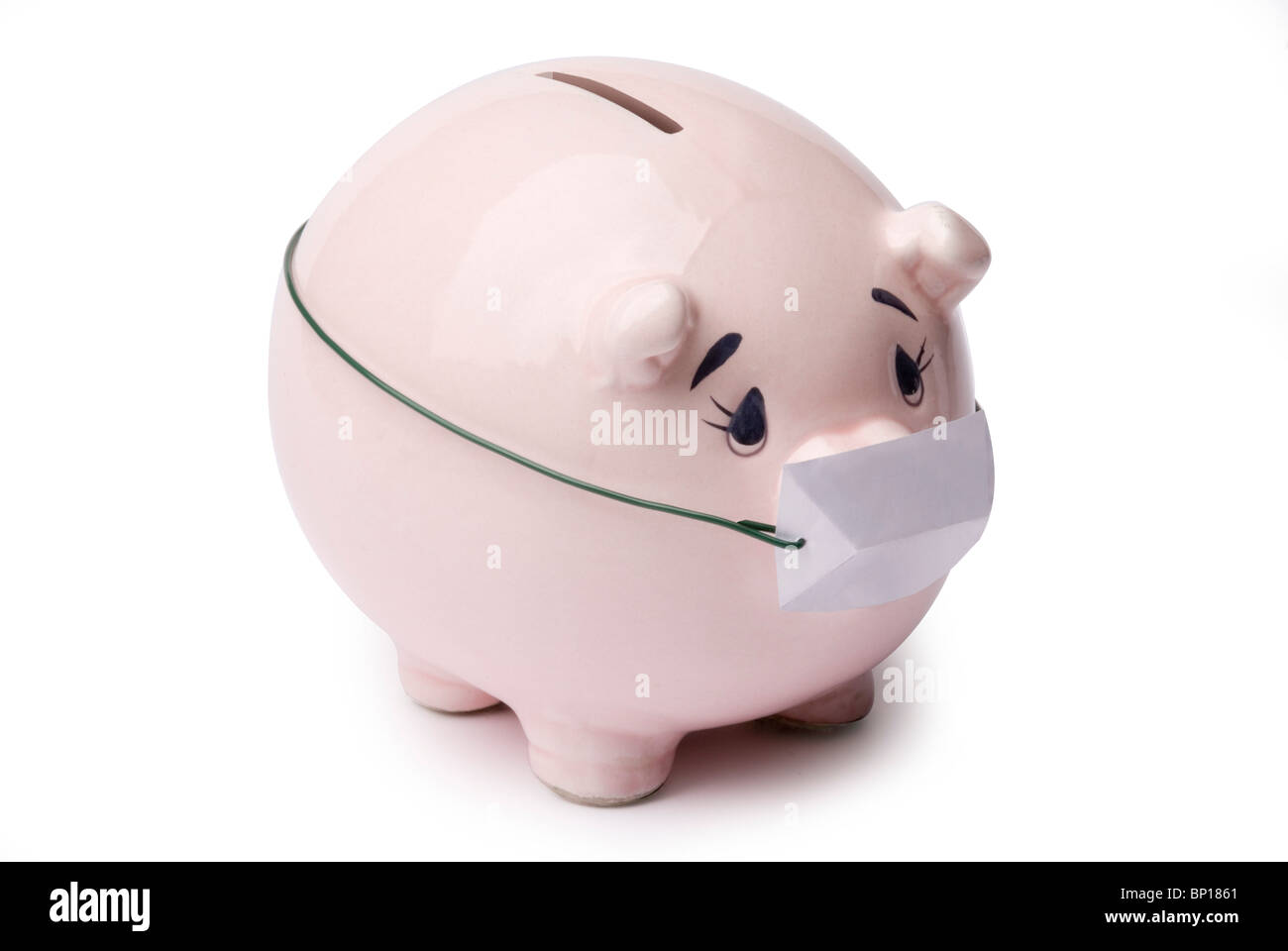 Salvadanaio di indossare la maschera di influenza Foto Stock