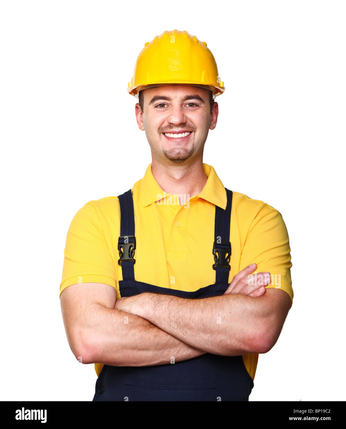 Sorridente lavoratore manuale isolati su sfondo bianco Foto Stock