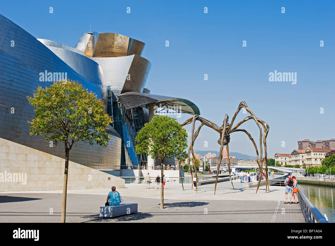 Spagna, Paesi Baschi, Bilbao, il Guggenheim, progettato da Canadian-American architetto Frank Gehry, sul fiume Nervion Foto Stock