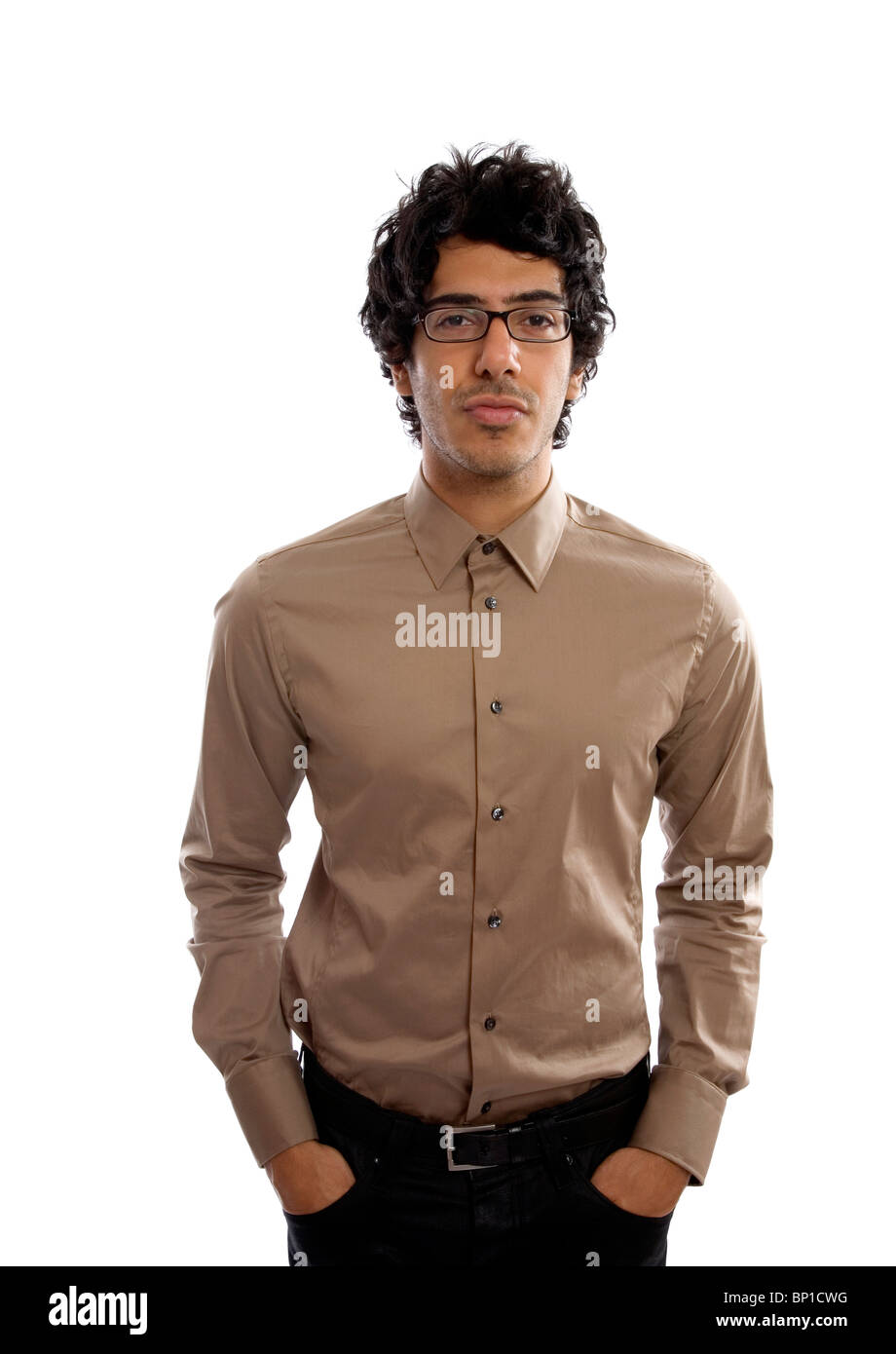 Uomo in abbottonata colletto della camicia e occhiali - aspetto intellettuale Foto Stock