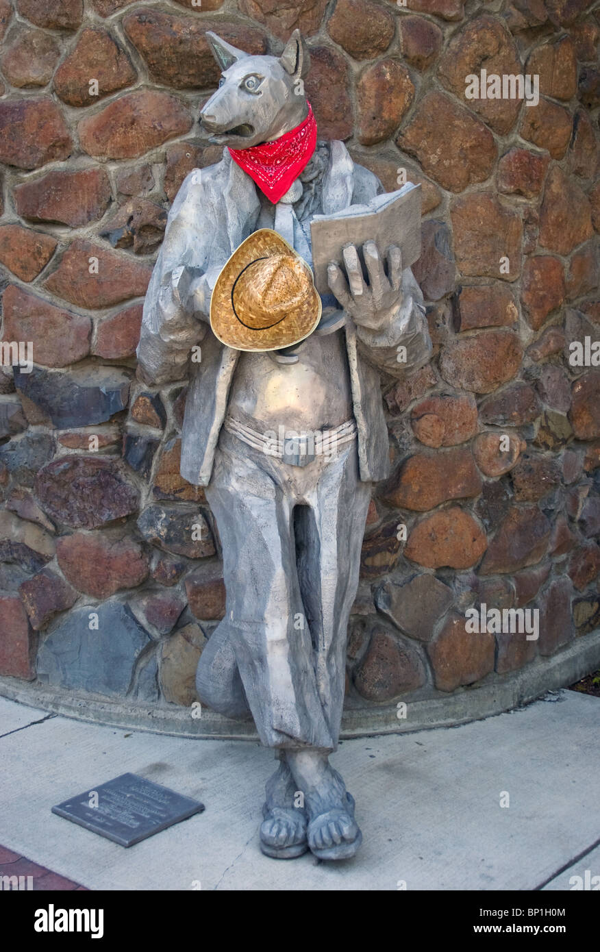 Stravagante statua di un coyote che legge un libro a Ellensburg, Washington, mescolando umorismo e arte in un affascinante ambiente del centro. Foto Stock