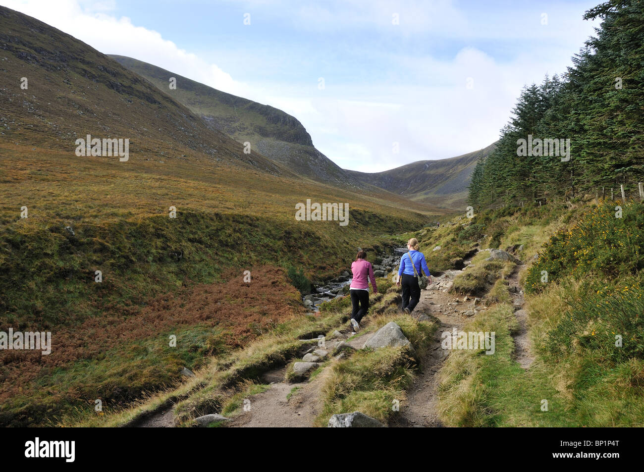 Due ragazze a piedi nella Mourne Mountains dell' Irlanda del Nord Foto Stock