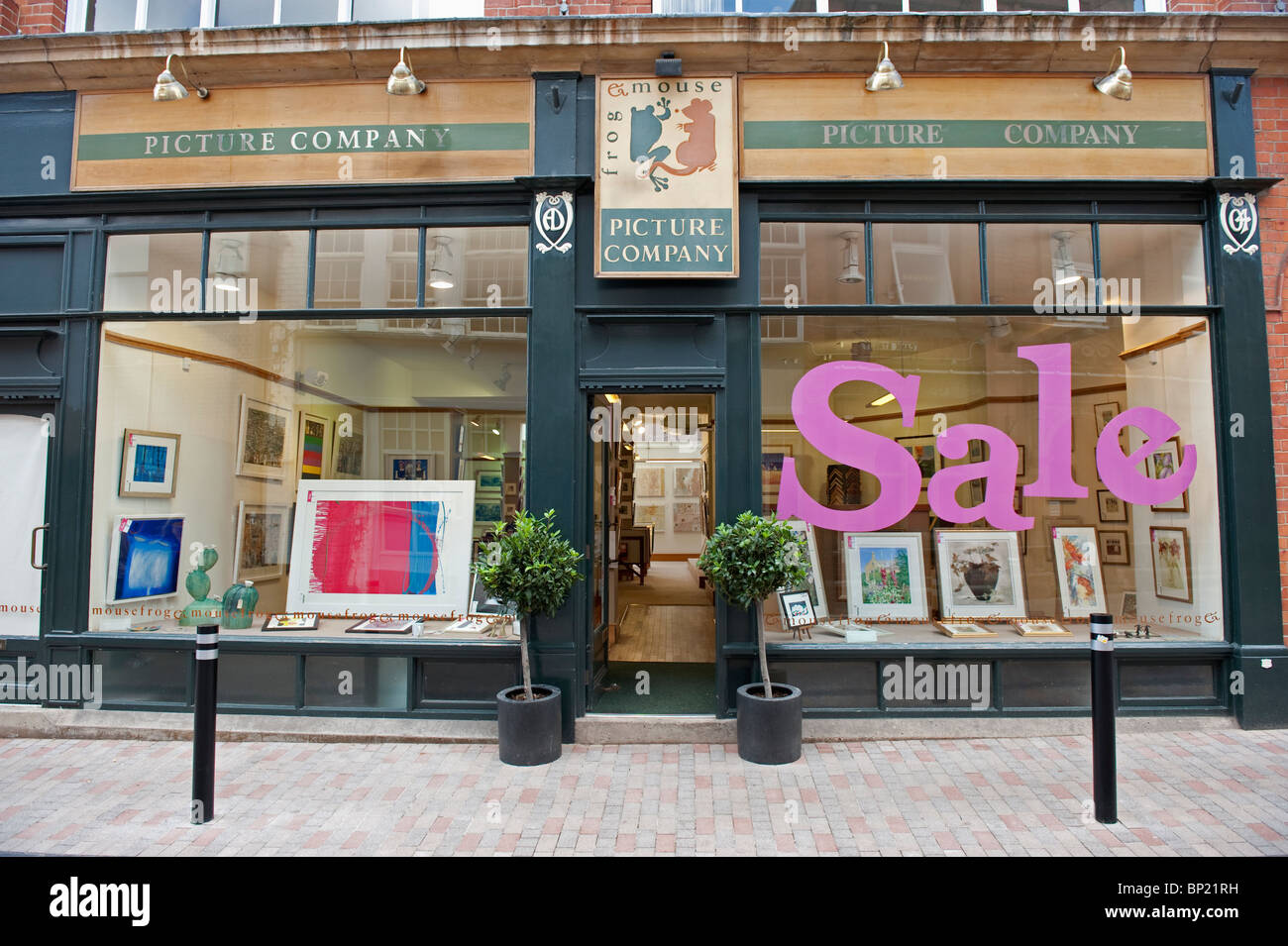 La rana & Mouse Picture corniciai negozio di fronte a Leicester City. Vendita rosa segno nella finestra Foto Stock