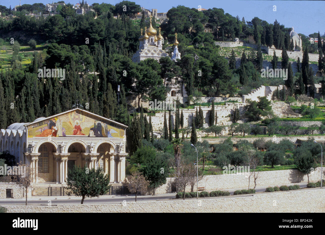 Il monte degli ulivi e il giardino di GATHSEMANE dove Gesù trascorse la notte prima del suo arresto, pregando e meditando (Mat. 26:36) Foto Stock