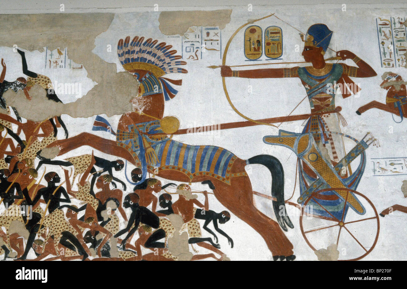 1361. Pittura murale dal tempio di Beit EL-WALI RAFFIGURANTI RAAMSES II. Nella sua guerra CARRELLO IN BATTAGLIA CON LA NUBIANS Foto Stock