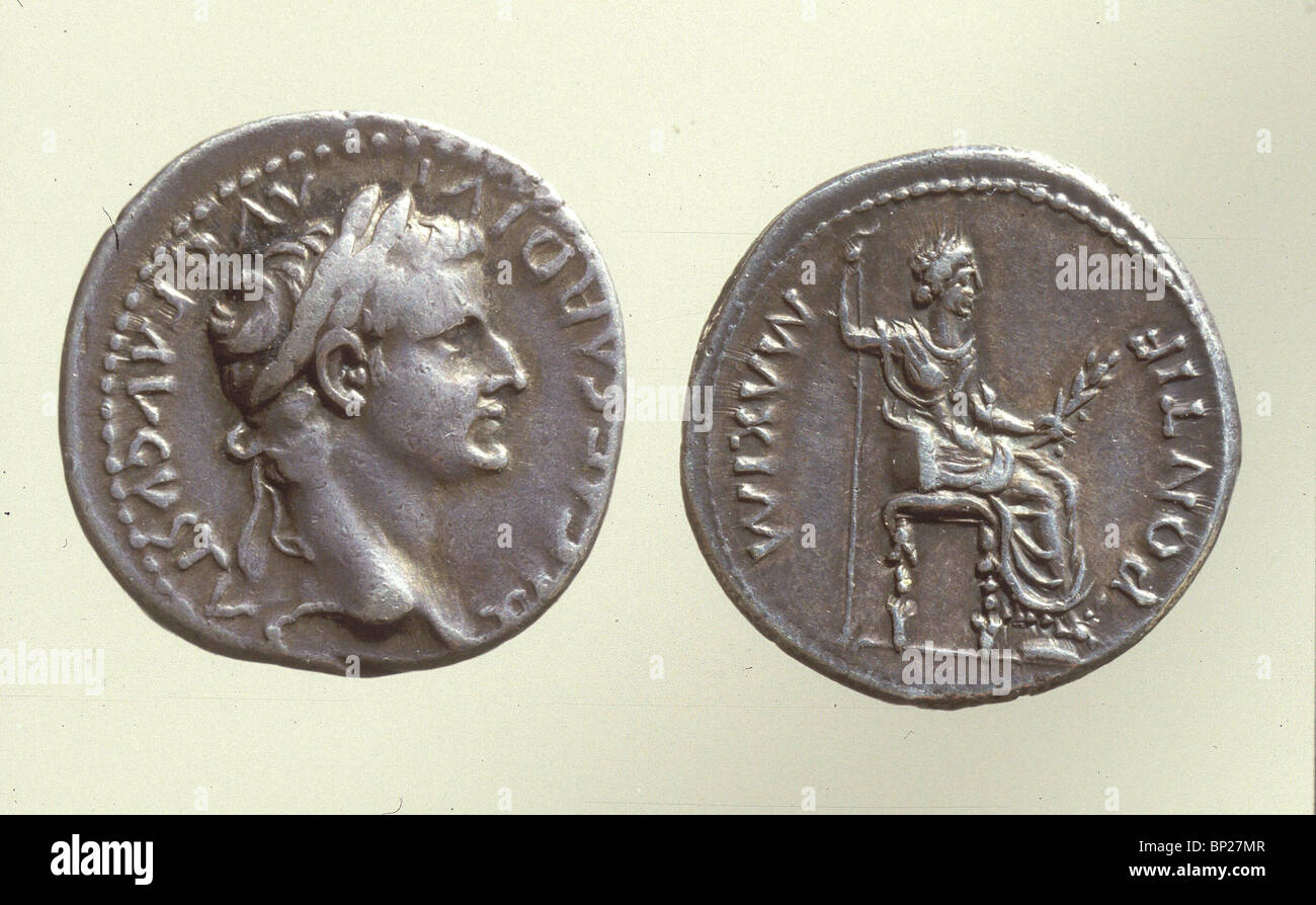 931. Moneta romana con il Busto di imperatore Augusto, (30 BC. - 14 D.C.). Foto Stock