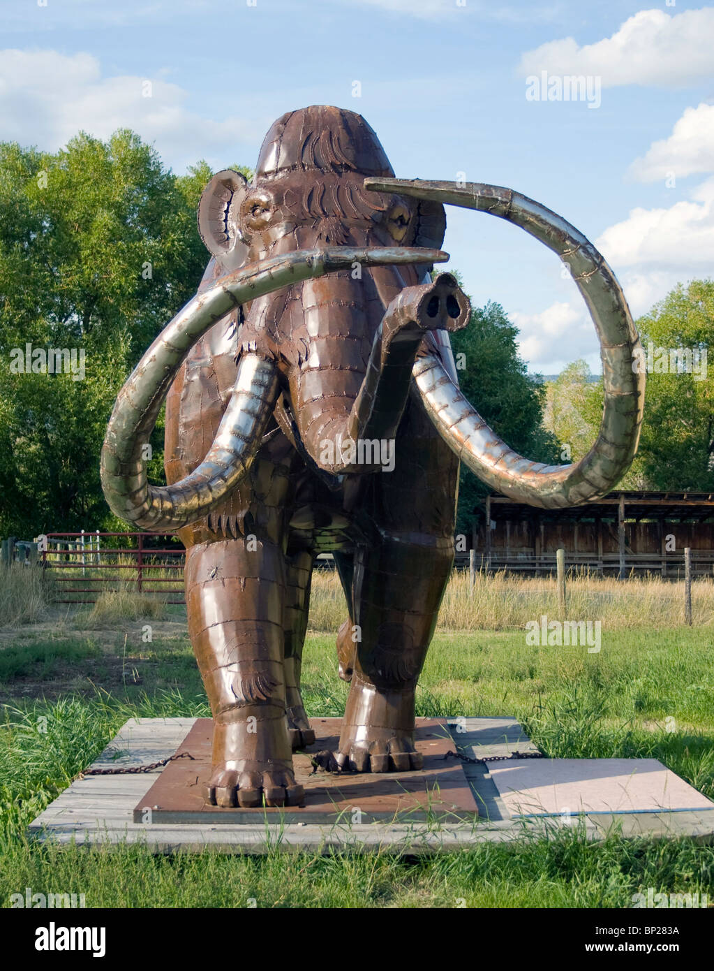 Sculture in metallo animale di Bill Ohrmann a Drummond, Montana, che mostrano opere d'arte all'aperto fantasiose e artigianali con un tocco occidentale. Foto Stock