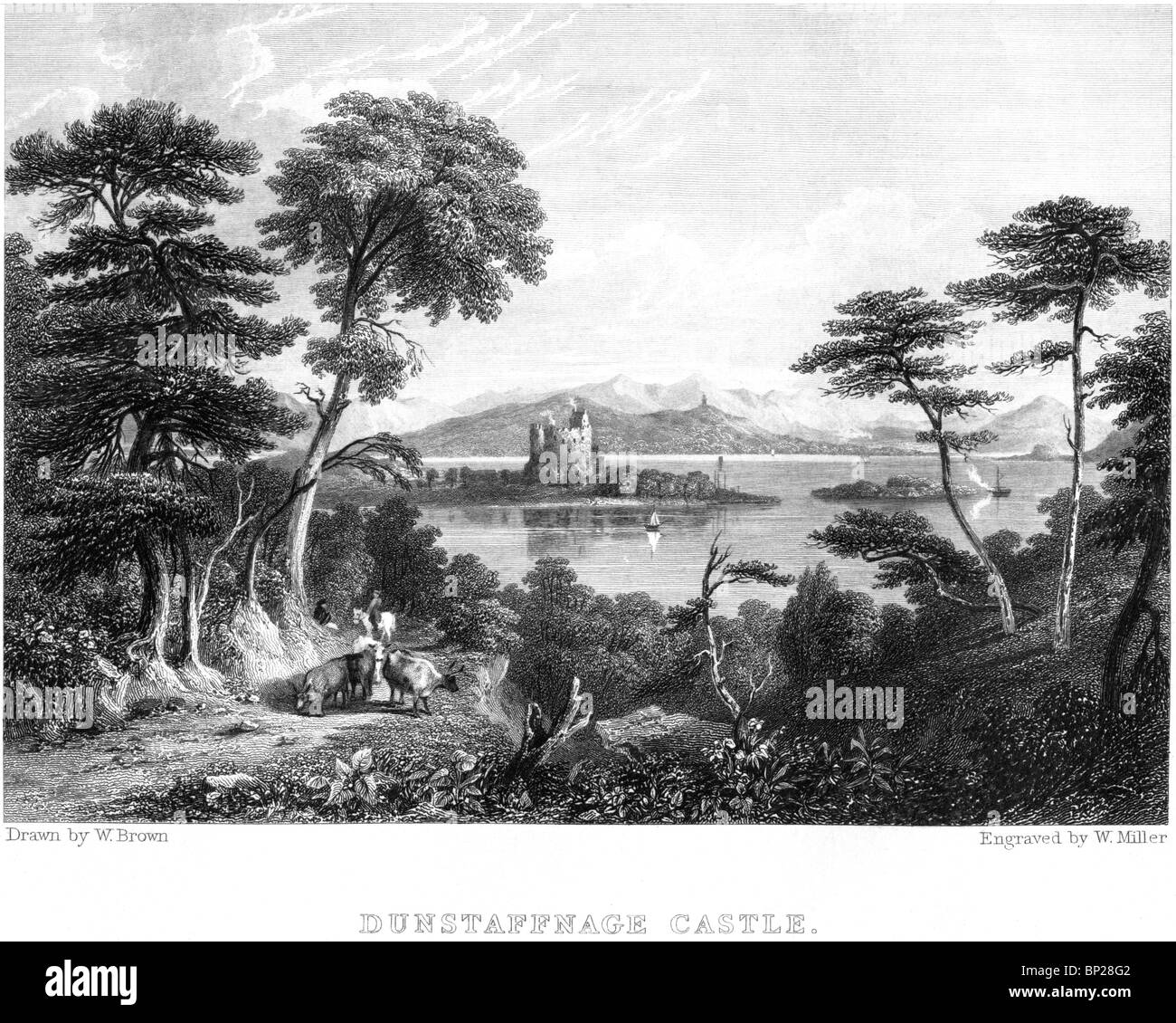 Una incisione di Dunstaffnage Castle, vicino a Oban,Scozia - scansionati ad alta risoluzione da un libro pubblicato nel 1830. Foto Stock