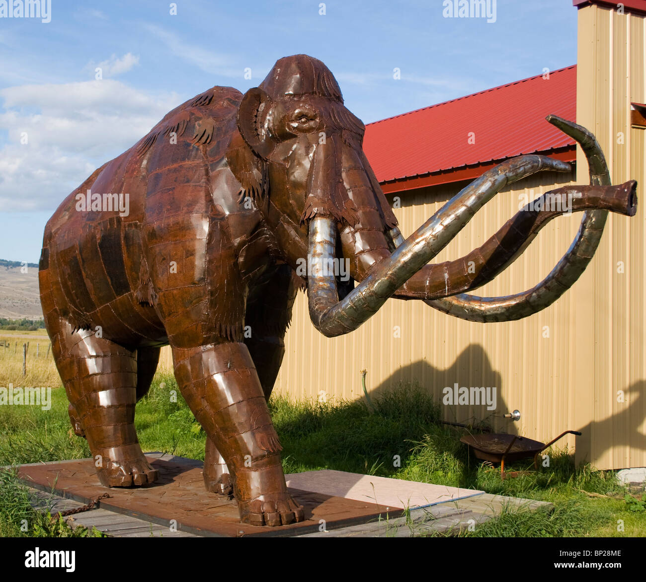 Sculture in metallo animale di Bill Ohrmann a Drummond, Montana, che mostrano opere d'arte all'aperto fantasiose e artigianali con un tocco occidentale. Foto Stock