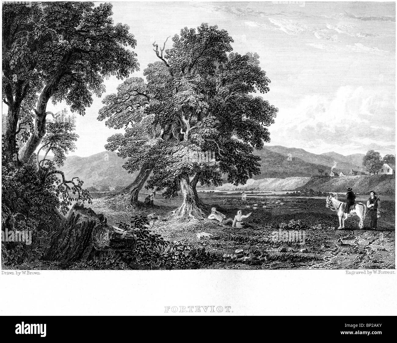 Una incisione di Forteviot, vicino a Perth, Perth & Kinross in Scozia - scansionati ad alta risoluzione da un libro pubblicato nel 1830. Foto Stock