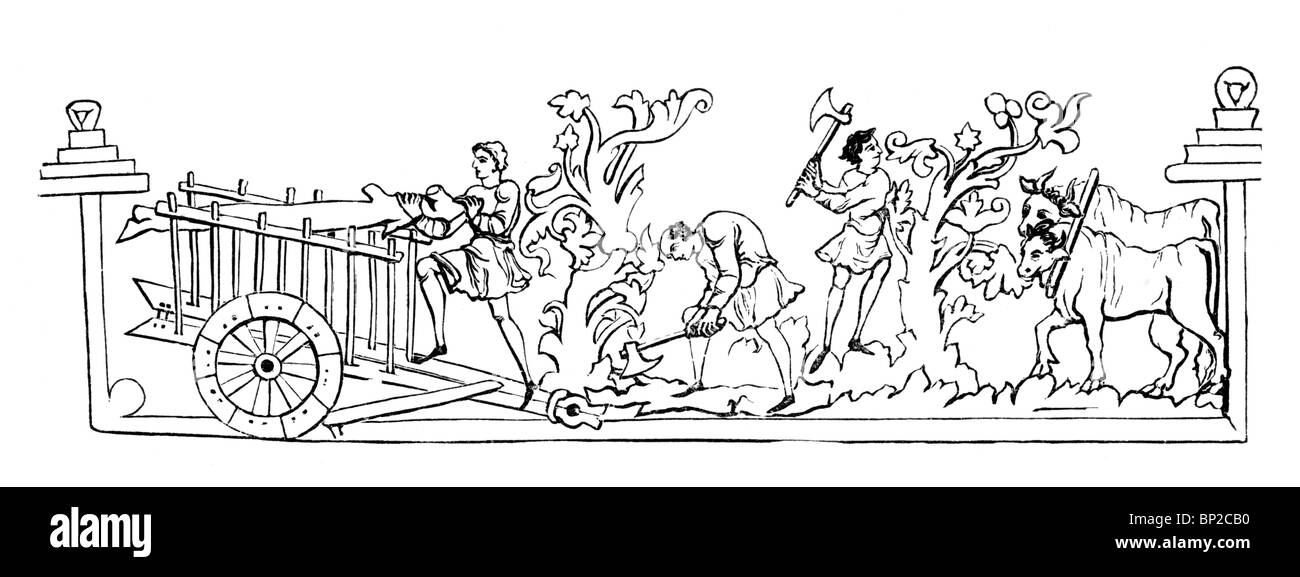 Bianco e Nero illustrazione; il calendario anglosassone; Giugno; il taglio e la raccolta di legno sorgente; MS Julius di cotone A vi; Foto Stock