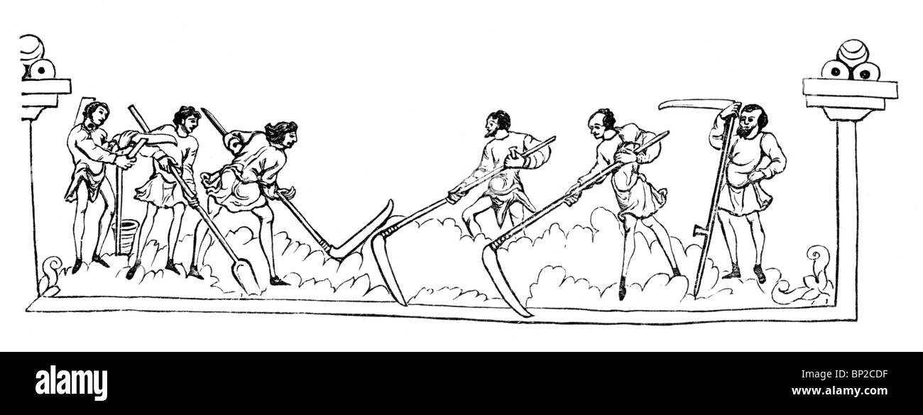 Bianco e Nero illustrazione; il calendario anglosassone; Luglio; fienagione; fonte; MS Julius di cotone A vi; Foto Stock