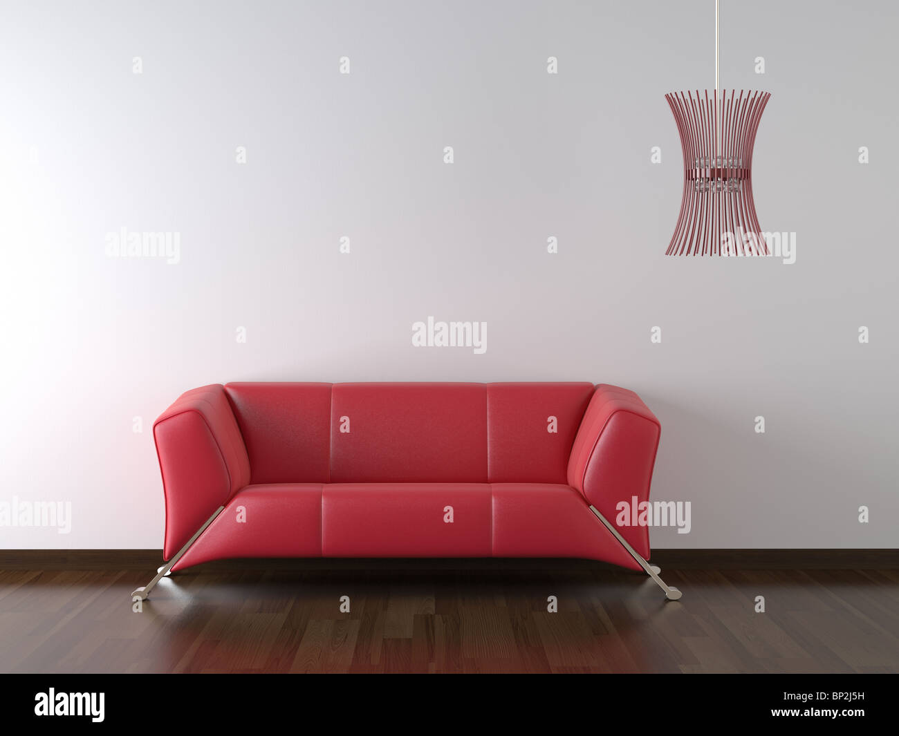 Il design degli interni in pelle rossa e del lettino lampada sul muro bianco con spazio di copia Foto Stock