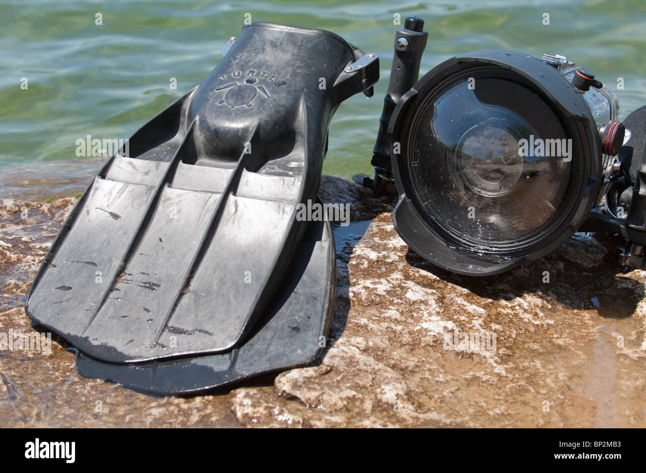 Alette di immersione subacquea e alloggiamenti per telecamera può essere comunemente trovati tra la maggior parte dei subacquei. Foto Stock