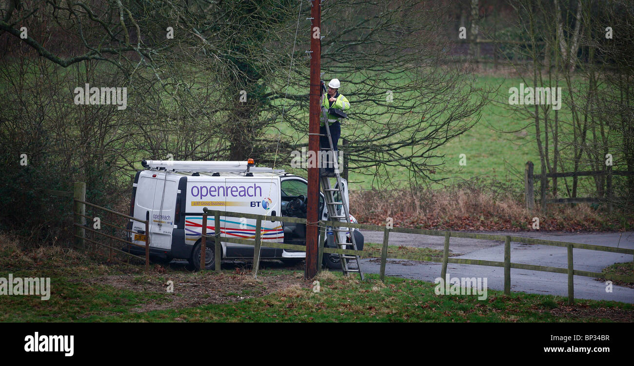 Un britannico Telelcom engineer opera su un palo del telegrafo nella campagna del Sussex. Foto di James Boardman. Foto Stock