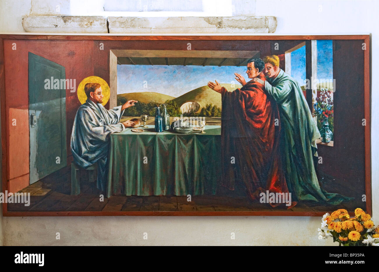 " La Cena in Emmaus" di un murale di Quentin Bell in San Michele e Tutti gli Angeli, la chiesa parrocchiale di Berwick East Sussex Foto Stock