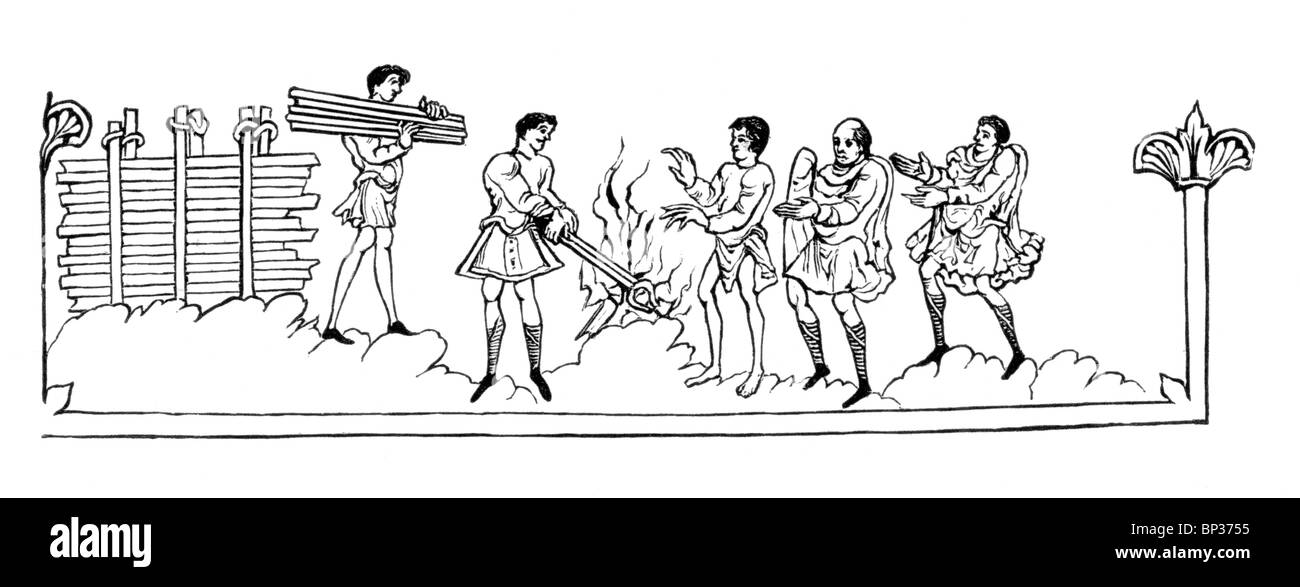 Bianco e Nero illustrazione; il calendario anglosassone; Novembre; Gruppo attorno a un fuoco; fonte; MS Julius di cotone A vi; Foto Stock