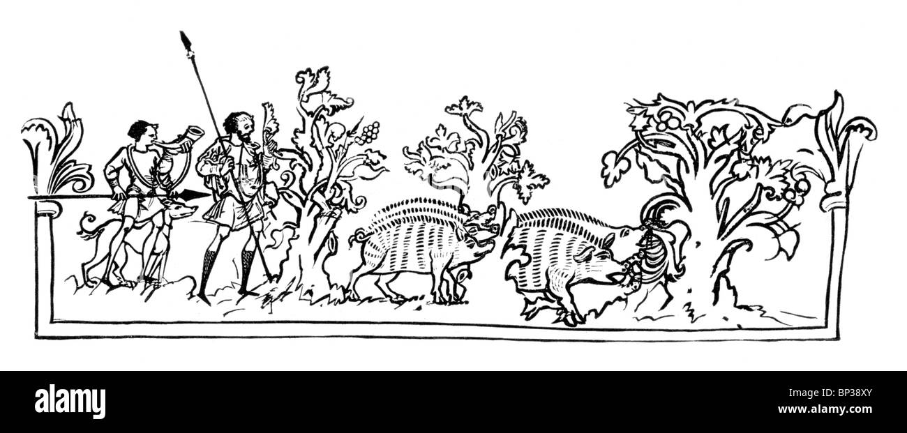 Bianco e Nero illustrazione; il calendario anglosassone; Settembre; suini da pascolo; fonte; MS Julius di cotone A vi; Foto Stock